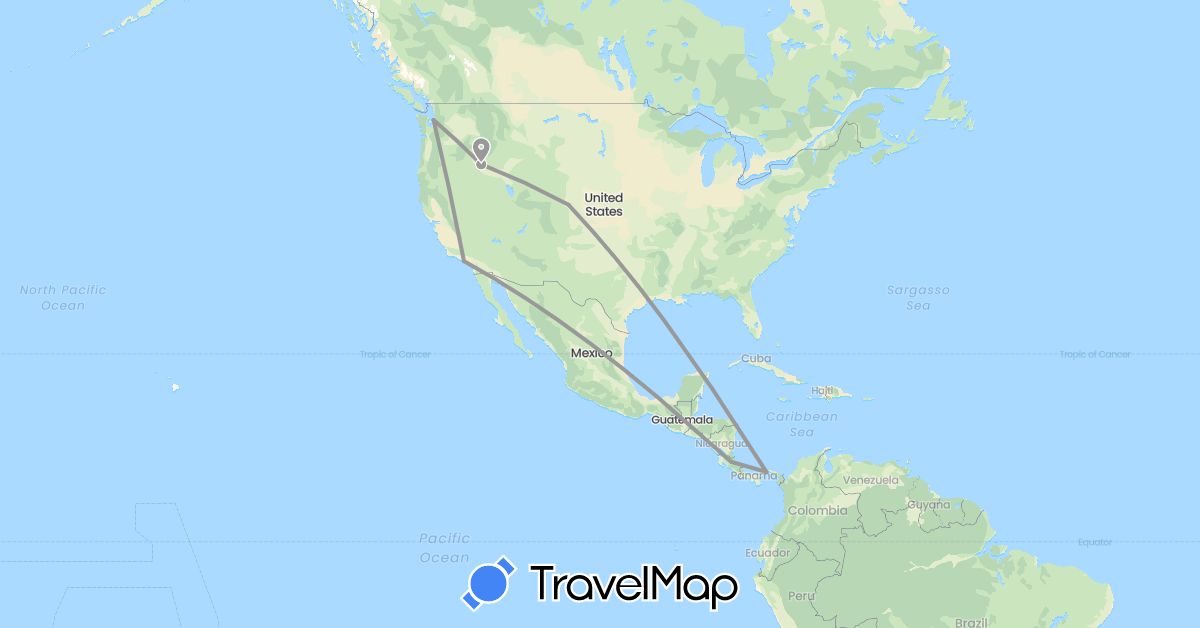 TravelMap itinerary: driving, plane in Costa Rica, Panama, United States (North America)